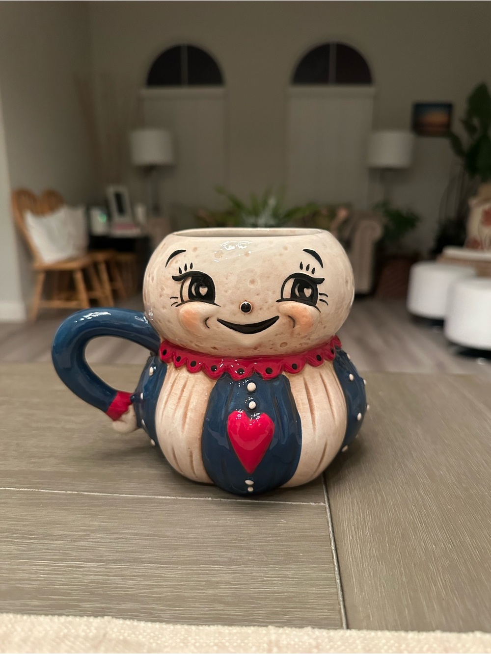 Whimsical Heart-Accent Ceramic Mug Planter in Blue and Cream